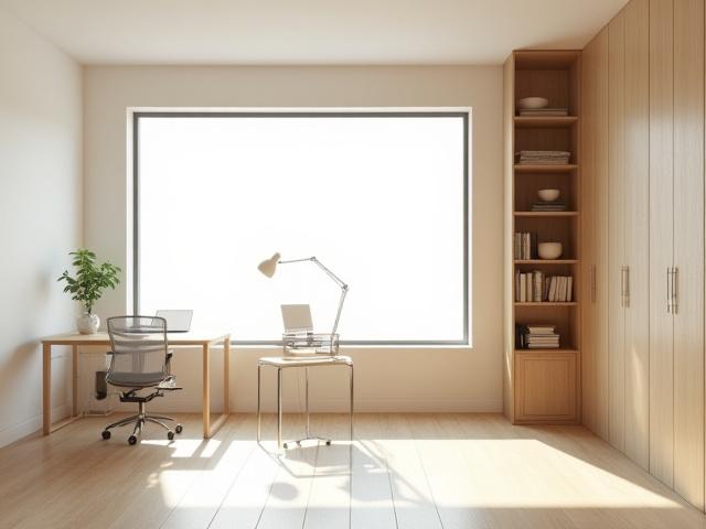 A quiet home office with sound-dampening insulation and triple-pane windows for focused work.