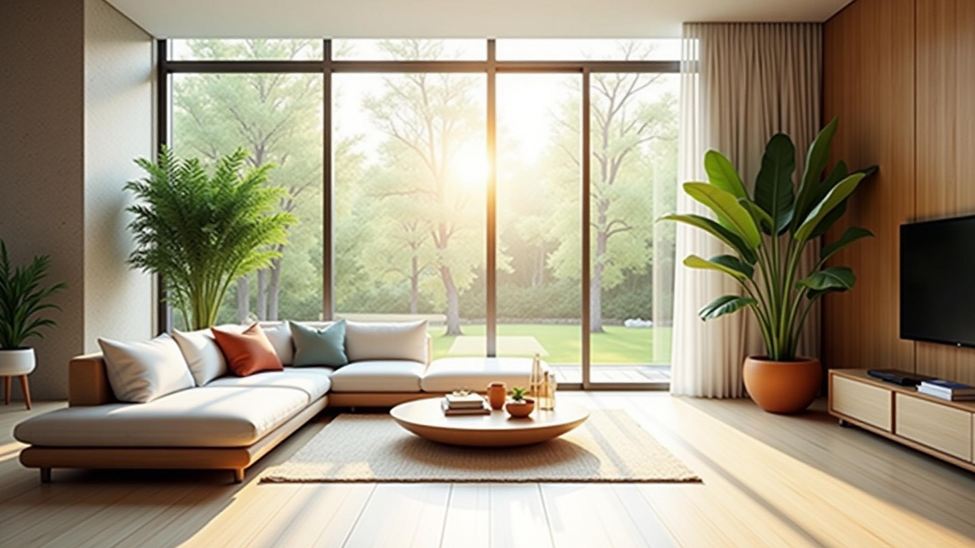 Modern, sunlit living space with abundant natural light and indoor plants, representing wellness architecture