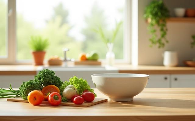 A minimalist, organized kitchen space with natural wood accents and fresh produce, encouraging mindful preparation.